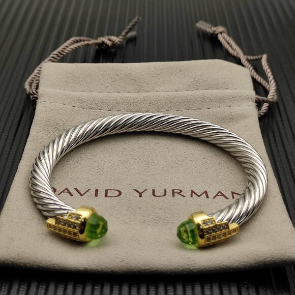 "David Yurman 7mm Gold Head Silver 5 Row Diamond Bangle. Light green diamonds. "